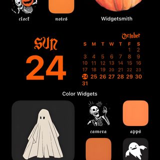the calendar for halloween with pumpkins, ghost and other things to see on it Halloween Ios16 Halloween Home Screen Ideas, Halloween Homescreen Layout, Halloween Home Screen, black
