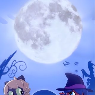 three cartoon characters standing in front of a full moon Miraculous Ladybug Halloween Miraculous Halloween, Halloween Miraculous Ladybug, Miraculous Ladybug Halloween, light sky blue