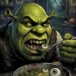 a cartoon character eating food from a bowl with an evil looking face on his face Halloween Shrek Shrek, Winnie The Pooh, Surrealism, Art Inspo, Sci Fi, Naruto, dark slate gray