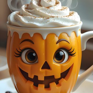 there is a pumpkin cup with whipped cream in it and eyes on the top, surrounded by coffee beans Halloween Coffee dim gray