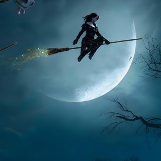 two witches flying on brooms in front of a full moon with the same witch's tail Witcher Halloween Assassins Creed Hexe, Witchfire, Silent Witch 4k, Night Witch, dark slate gray