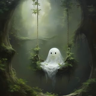 a painting of a ghost floating in the middle of a forest with trees and bushes Halloween Ghost Tree Image Halloween, Surreale Kunst, Halloween Artwork, Halloween Painting, dark slate gray