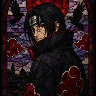 a stained glass window with a man in black and red clothing holding a bird on it's shoulder Itachi Uchiha Halloween Naruto Itachi, Naruto And Sasuke, Naruto Shippuden Sasuke, Dope Cartoon Art, black