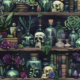 a shelf filled with lots of different types of vases and plants on top of wooden shelves Halloween Plant Witchy Background Images, Witchy Background Iphone, Witchy Background, dark slate gray
