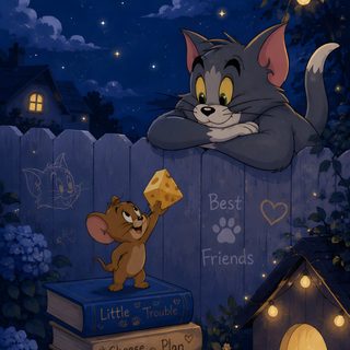 a painting of a cat and dog on books in front of a fence at night Tom And Jerry Halloween midnight blue