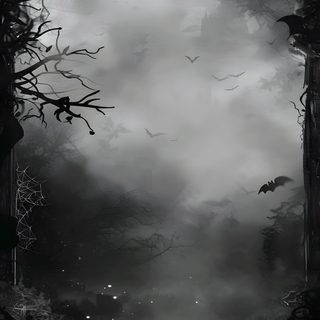 a black and white photo of bats flying in the night sky above a forest filled with trees Gothic Halloween Bats Black White Halloween Background For Invitation, Goth Backgrounds, Halloween Aesthetic, dark slate gray