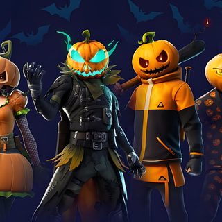 five cartoon characters dressed in halloween costumes with bats and pumpkins on their heads, all standing next to each other Fortnite Halloween Jack Skellington Fortnite, Nightmare Before Christmas Fortnite, Fortnite Pumpkin, midnight blue