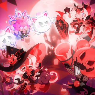 an image of some cartoon characters in front of a full moon Cookie Run Kingdom Halloween Cookie Run Kingdom Halloween, Crk Halloween Kingdom, Cookie Run Kingdom Halloween Layout, brown
