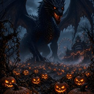 a dragon with glowing eyes is surrounded by pumpkins Halloween Dragon black