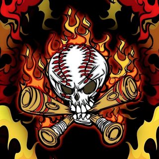 a baseball with flames on it and a skull in the middle Baseball Halloween Baseball Themed Design, Flaming Skull Art, Skull With Baseball And Bats, black