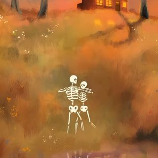 a painting of two skeletons in front of a house on a hill with trees and water Halloween Live Gif Skeleton Illustration, Fb Profile Photo, Skeleton Art, Peace Illustration, sienna