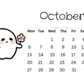 an october calendar with a ghost holding a flower in it's mouth and the date is October 2025 Calendar Halloween Calender For Oct 2025, October October Calendar 2025, 2025october Calendar, white