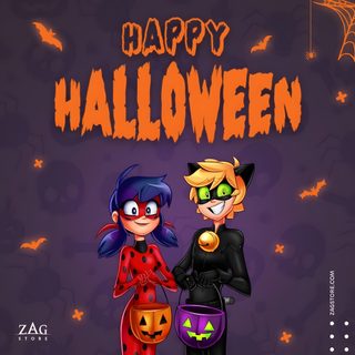 two children dressed up as witches with bats and pumpkins in front of the words happy halloween Miraculous Ladybug Halloween Miraculous Befana, Miraculous Ladybug Pumpkin Carving, Ladybug And Cat Noir Halloween, dark slate gray