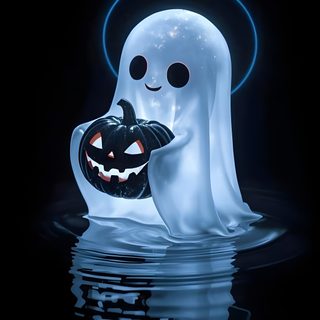 a ghost floating in the water with a pumpkin on it's face and head Halloween - Ghost Mood - Aqua Halloween Live, Halloween Backgrounds, Halloween Cute, Beautiful Dark Art, black