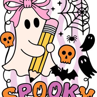 a cartoon character holding a pencil with skulls and spider webs in the background that says spooky Halloween Teacher linen