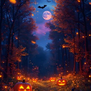 two pumpkins in the middle of a forest at night Halloween 2025 Spooky Halloween Backgrounds, Halloween Nature, Halloween Road, black