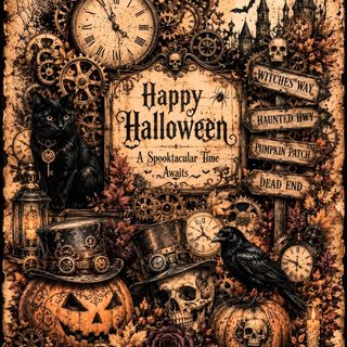 a halloween card with an image of a cat, clock and other items Halloween Steampunk Tin Can Decorations, Tin Can, Halloween Printables, Autumn Inspiration, saddle brown