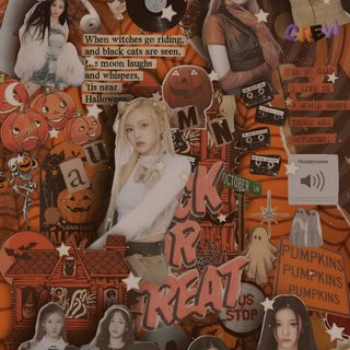 an altered collage of girls in halloween costumes and pumpkins with the words k r treat on them Kpop Halloween Aespa Iphone, Witch, Aespa, Halloween, saddle brown