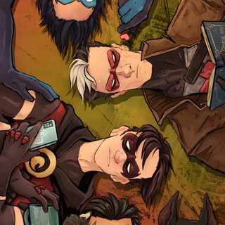 some cartoon characters laying on the ground with their eyes closed and one person holding his head Dc Halloween All Bat Family Members, Batman And All Robins, Bat Family 4k, dark olive green