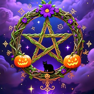 a cat sitting in the middle of a pentagram with pumpkins and stars around it Pagan Halloween Wiccan, Halloween Live, Night Witches, Witch Pictures, Clover Tattoos, dark slate blue