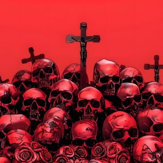 a large group of skulls with crosses on them in front of a red background, Halloween Red Skull Skull For Laptop, Red And Black Cross, Black And Gold Cross, Red Skulls, crimson
