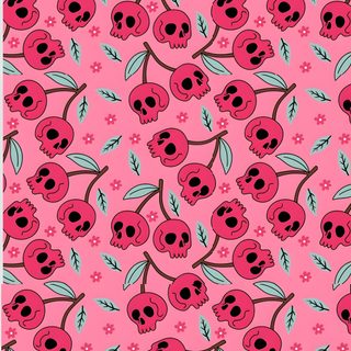 a pink background with skulls and cherries on the bottom, in different shades of pink Cute Halloween Skull Springoween, Funny Pattern, Cherry Skulls, Skull Cherry, Cherry Pfp Aesthetic, hot pink