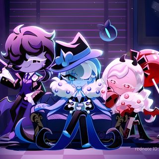 three cartoon characters dressed up as witches Crk Halloween Cookies Run Kingdom, Cookie Run Kingdom Licorice, Beast Trio Crk, Crk Laptop, midnight blue