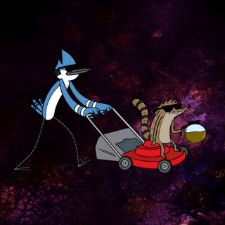 a cartoon character pulling a lawn mower with another character on the other side, in front of a purple background Regular Show Halloween Regular Show, Cn Shows, Desktop Macbook, Aesthetic Desktop, Cartoon Tv, black