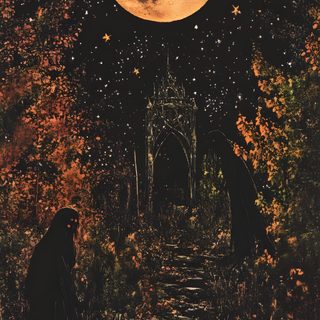 a painting with pumpkins on the ground in front of a full moon Black And Gold And Orange Halloween Halloween Vibes, Dark Halloween Aesthetic, Halloween Aesthetic Dark,