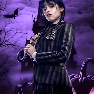 a woman standing in front of a full moon with her arms crossed and holding an umbrella Wednesday Halloween Addams Family House, Adams Family, Dark Queen, Picture Boards, midnight blue