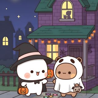 two cartoon characters dressed in halloween costumes standing outside a house at night with pumpkins on the ground Bubu Dudu Halloween Milk And Mocha Halloween, Milk Mocha Halloween, Mocha Bear Halloween, dim gray