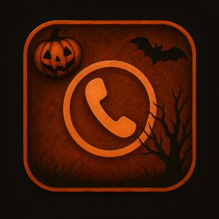 an orange and black square button with a phone in the center surrounded by halloween decorations Halloween App Icons black