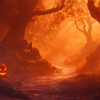 two jack o lantern pumpkins on a path in the woods at night with fog Halloween Banner With Forest Halloween Forest Background 4k, Halloween Thumbnail, Halloween Background Realistic, maroon