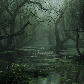 a swampy area with trees and water in the foggy day, digital painting Halloween Swamp Swamp Background Aesthetic, Haunted Swamp Background, Swamp Background, dark slate gray