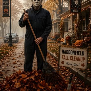 a man with a creepy face holding a broom in front of a pile of leaves Halloween From Hollywood Movies saddle brown