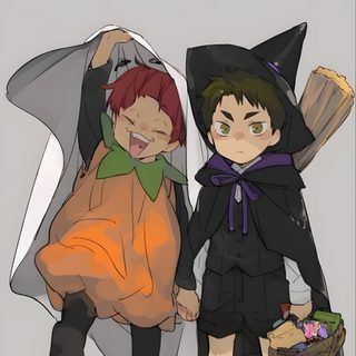 two children dressed up as witches and one is holding a basket with an egg in it Haikyuu Halloween Tendou Ushijima, Halloween Haikyuu, Ushijima X Tendou Cute, Haikyu Halloween, silver