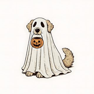 a dog wearing a ghost costume with a pumpkin in its mouth Halloween Dog Ghost Dog Ghost Drawing, Ghost With Dog Tattoo, Gray Ghost Dog Drawing, white smoke