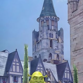 an animated character standing next to a rabbit in front of a castle with turrets and towers Halloween Shrek Live Iphone, Shrek, Live, Movie Tv, Phone, Iphone, light slate gray