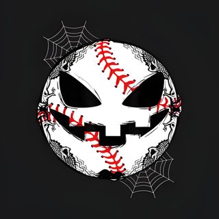 a baseball with an evil face and spider web on it's side, in the middle of a black background Halloween Softball Halloween Baseball Decorations, October Baseball, Ghost Baseball Logo, black