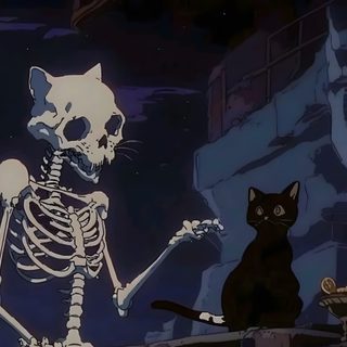 a cat sitting in front of a skeleton with a skull on it's back Kitty Skeleton Halloween Cats Cute Skeleton Pfp, Cat With Skeleton, Wifiskeleton Cat, black