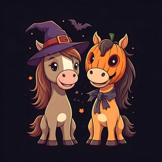 two cute horses dressed up as witches and pumpkins on black background with text saying happy halloween Cute Halloween Horse Halloween Horse Clipart, Horse Halloween Backgrounds, Halloween Horse, black