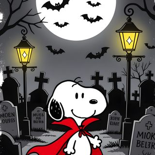 a cartoon dog dressed up as a super hero in front of a cemetery with bats Happy Halloween Snoopy Halloween Snoopy Dracula, Halloween Boy, Snoopy Halloween, dark slate gray