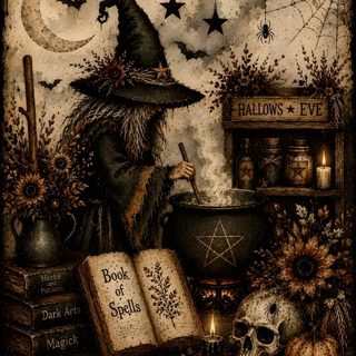 a painting of a witch stirring a caulder full of books and skulls with the moon in the background Vintage Halloween Witch dark olive green