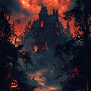 a creepy castle with pumpkins in the foreground and a full moon in the background Ios 16 Iphone Halloween Iphone Halloween Background, Haunted Moon Iphone, Halloween For Iphone, dark slate gray