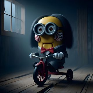 a minion riding on a tricycle in the dark with an eye patch and red bow tie Minions Halloween Minions Sam, Chucky Minion, Minions Movies Villains, Minion Jason, Minions With Beard, black