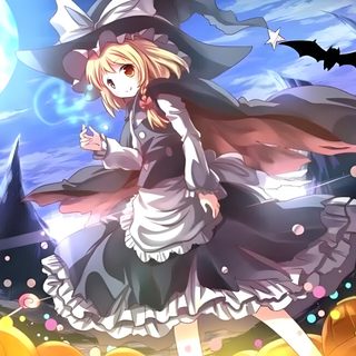 a girl dressed as a witch standing in front of pumpkins Touhou Halloween Marisa Kirisame Official Art, Marisa Kirisame Memories Of Phantasm, Flying Witch Anime, gray
