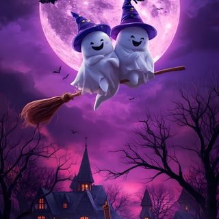 two halloween ghostes flying over a full moon Halloween Couple Iphone Happy Halloween Pictures, Glitter Phone, Halloween Photo Booth, Halloween Cute, indigo