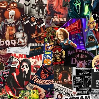 a collage of various posters and stickers Halloween Iphone Movies And Shows Tv Shows Iphone, Cute Collage Backgrounds, Halloween Iphone, dark olive green