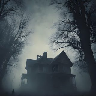 a creepy house in the middle of a dark forest Halloween Creepy House Spooky House Aesthetic, Foggy Haunted House, Creepy Cabin, dark slate gray