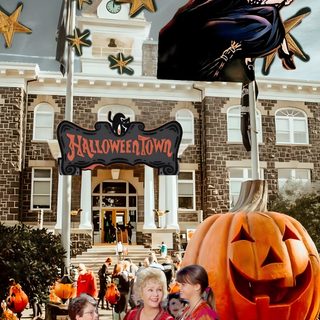 two children and an adult standing in front of a building with halloween decorations on it Halloween Town Movie Halloween Town Movie, Halloweentown, Halloweentown Backgrounds, dim gray